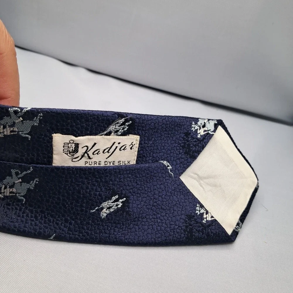 Vintage 50s Harris & Frank Kadjar Necktie Blue Pure Dye‎ Silk Pebble Horse USA